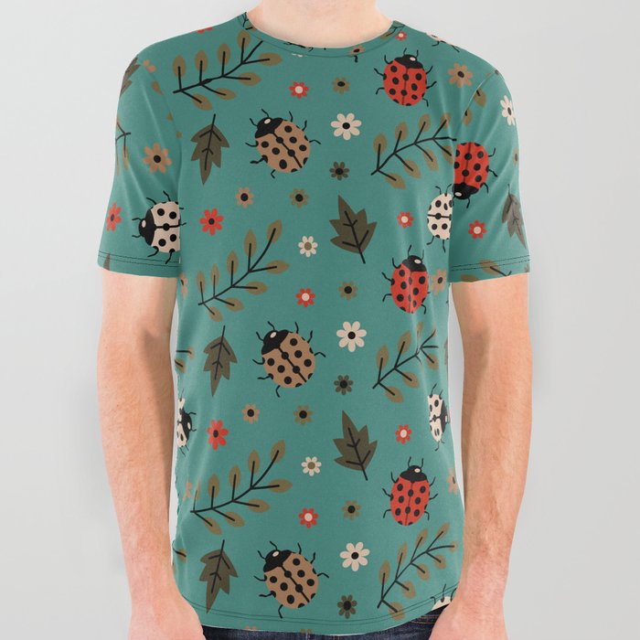 Ladybug and Floral Seamless Pattern on Green Blue Background All Over Graphic Tee