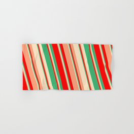 [ Thumbnail: Red, Sea Green, Bisque & Light Salmon Colored Lines/Stripes Pattern Hand & Bath Towel ]