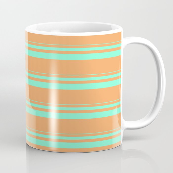 Aquamarine and Brown Colored Lined Pattern Coffee Mug