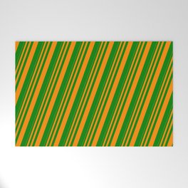 [ Thumbnail: Dark Orange & Green Colored Stripes Pattern Welcome Mat ]