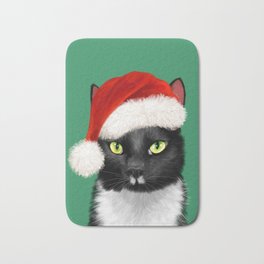 Christmas Tuxedo Cat in Green Bath Mat | Kitten, Black And White, Santa, Furkid, Art, Watercolor, Gorgeouscat, Acrylic, Kawaii, Cute 