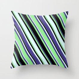 [ Thumbnail: Dark Slate Blue, Light Green, Black, and Light Cyan Colored Lined Pattern Throw Pillow ]