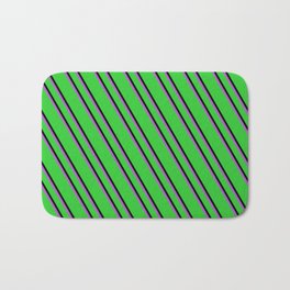 [ Thumbnail: Lime Green, Black, and Orchid Colored Stripes Pattern Bath Mat ]