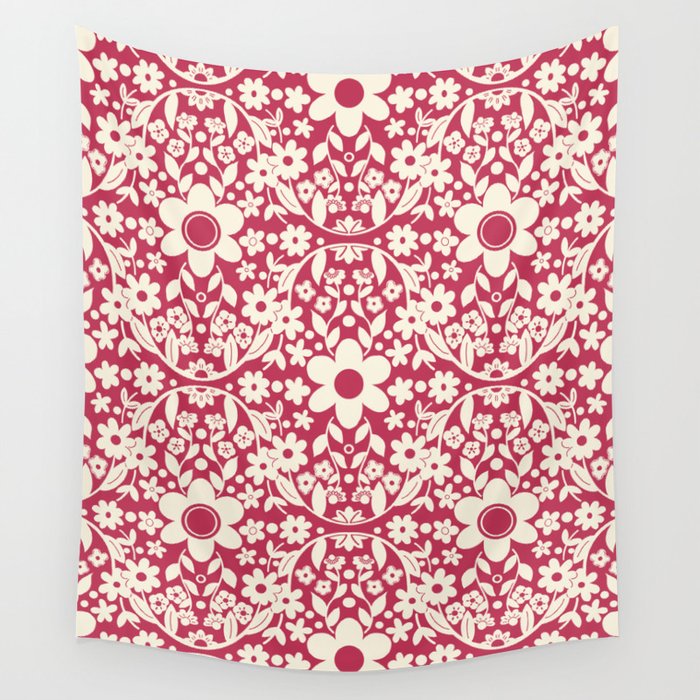 Boho Detailed Daisy Floral Pattern - Vivid Magenta Wall Tapestry
