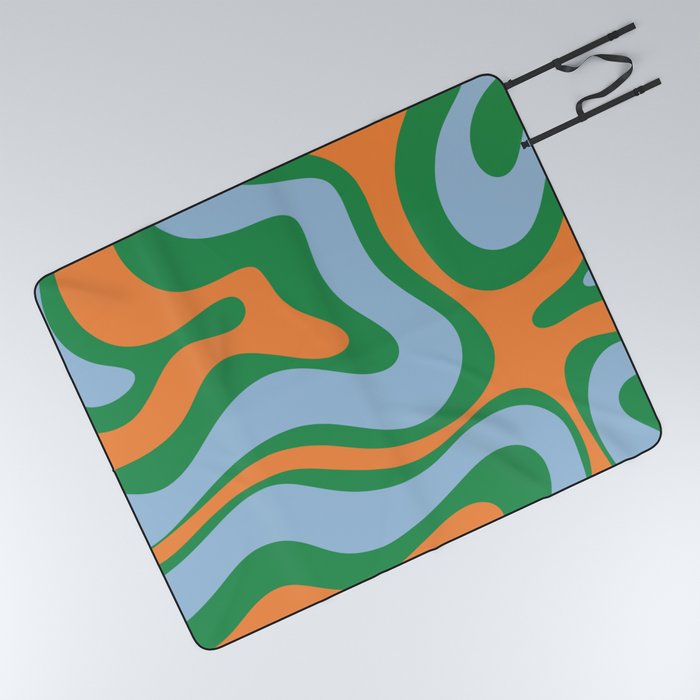 Bold Modern Retro Liquid Swirl Abstract Pattern Green Orange Baby Blue Picnic Blanket