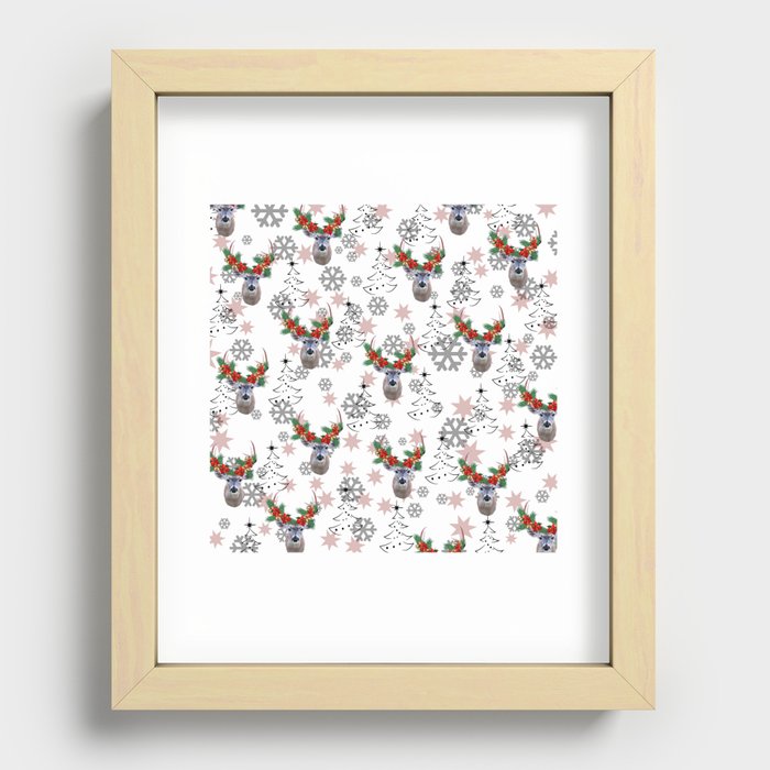 Merry Christmas Reindeer Flower Tree pattern Design Recessed Framed Print