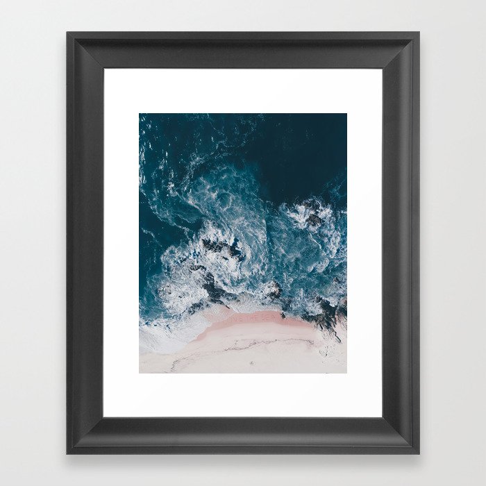 Beach Print - Aerial Ocean - Pink Sand with Words Love - Crashing Waves - Sea - Travel photography Framed Art Print