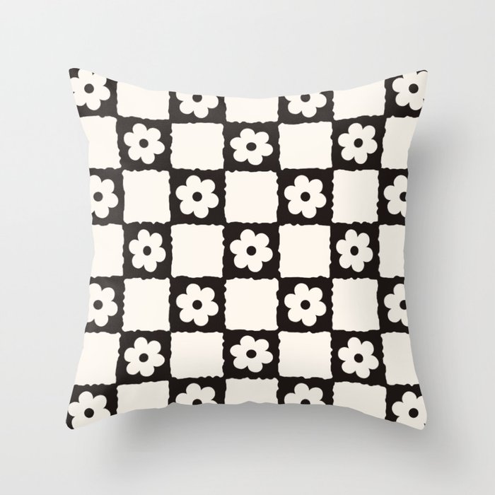 Retro Flower Checker in Black&White Throw Pillow