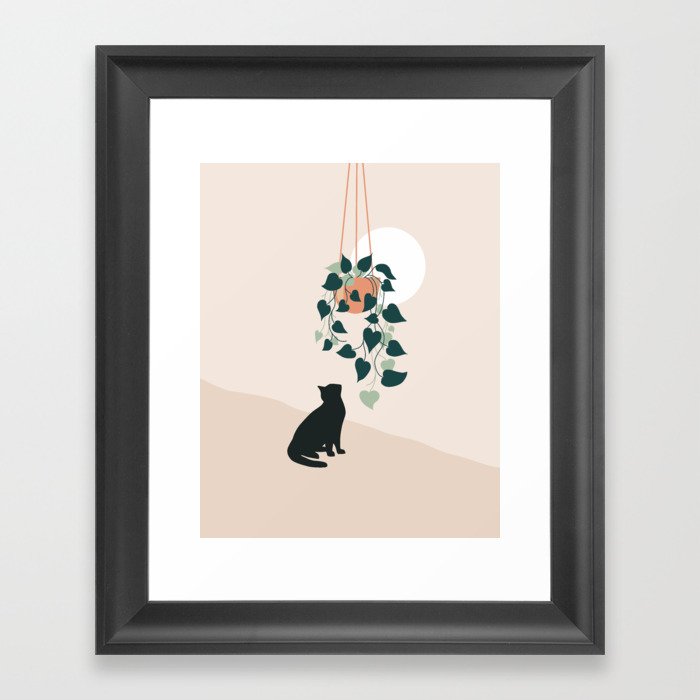Cat with Plant Framed Art Print
