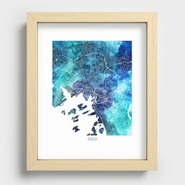 Oslo Norway Map Navy Blue Turquoise Watercolor Recessed Framed Print