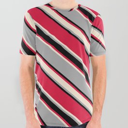 [ Thumbnail: Crimson, Beige, Dark Grey, and Black Colored Lined/Striped Pattern All Over Graphic Tee ]