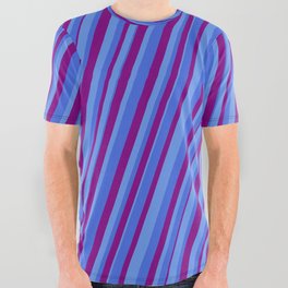 [ Thumbnail: Cornflower Blue, Royal Blue & Purple Colored Pattern of Stripes All Over Graphic Tee ]