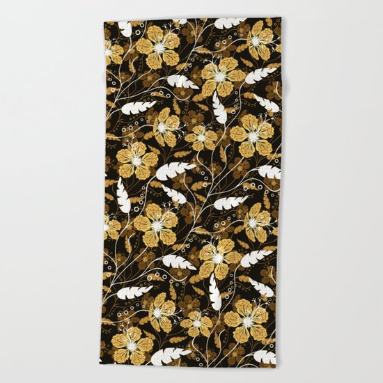 Abstract,floral pattern. Golden flowers on a black background. Beach Towel
