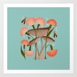 Three Mushrooms with Flowers and Fireflies Art Print