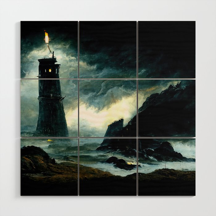 A lighthouse in the storm Wood Wall Art