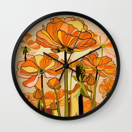 70s, Orange California poppies, mid century, 70s retro, flowers Wall Clock