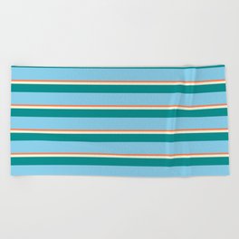 [ Thumbnail: Coral, Beige, Dark Cyan & Sky Blue Colored Stripes Pattern Beach Towel ]