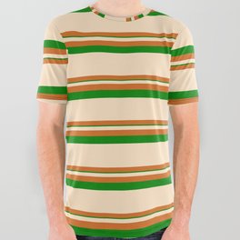 [ Thumbnail: Bisque, Chocolate, and Green Colored Striped Pattern All Over Graphic Tee ]
