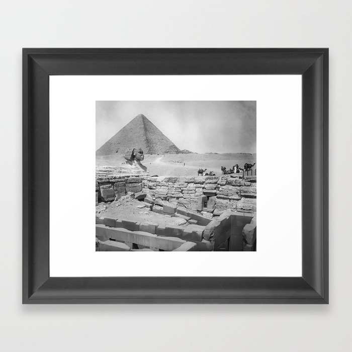 Sphinx, Pyramid, and Ruins, Giza, Egypt black and white photography - black and white photographs Framed Art Print