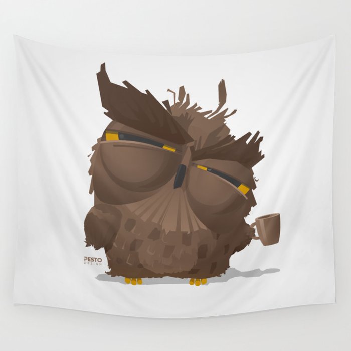 Grumpy coffee owl Wall Tapestry