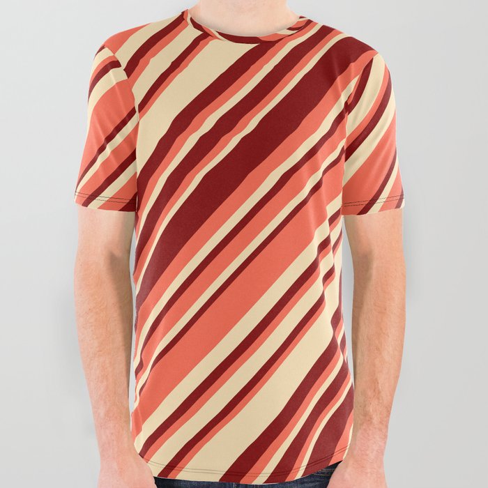 Red, Beige, and Maroon Colored Striped/Lined Pattern All Over Graphic Tee