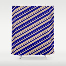 [ Thumbnail: Tan & Dark Blue Colored Stripes/Lines Pattern Shower Curtain ]
