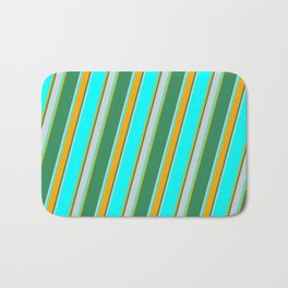 [ Thumbnail: Cyan, Orange, Sea Green, and Light Grey Colored Lined Pattern Bath Mat ]