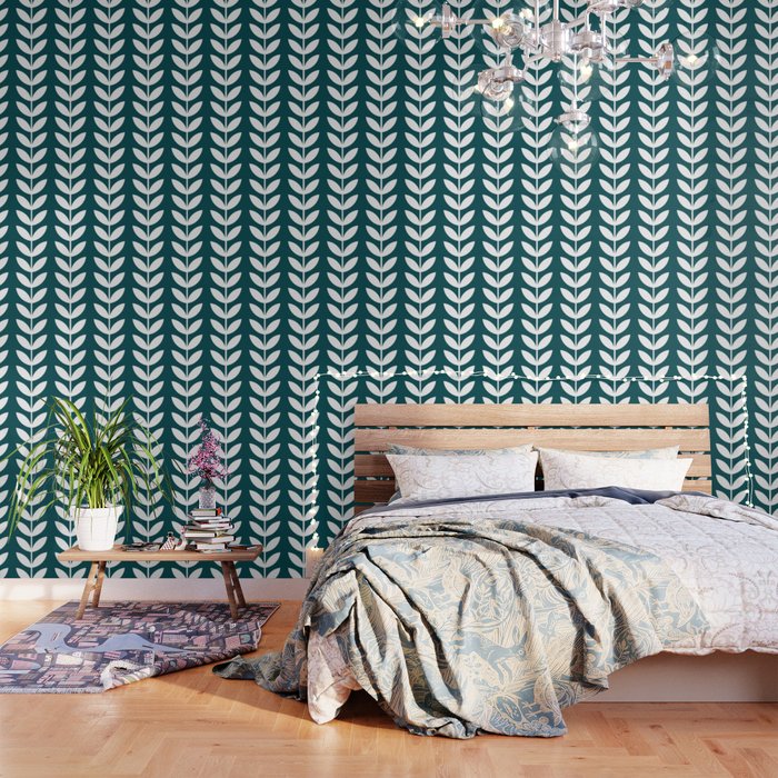 Teal Blue and White Scandinavian leaves pattern Wallpaper