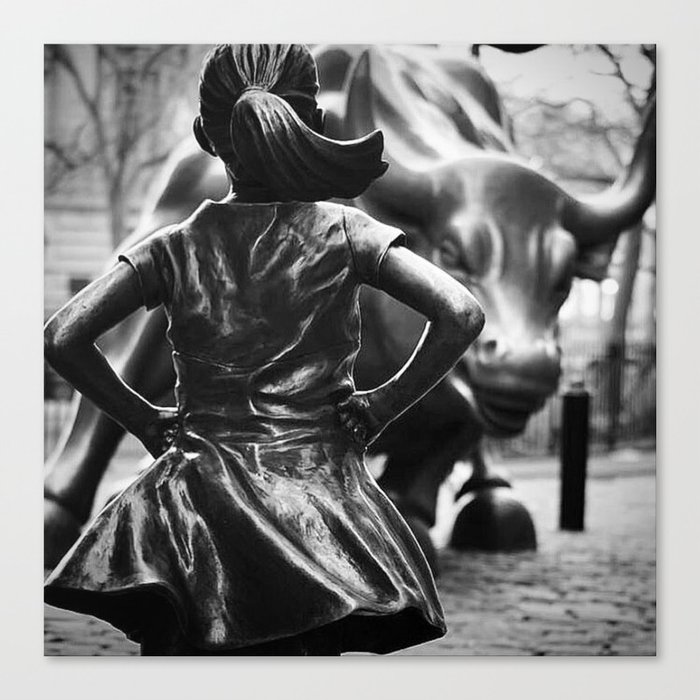 Fearless Girl facing down the Charging Bull statue of Wall Street black and white photography Canvas Print