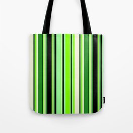 [ Thumbnail: Eyecatching Green, Chartreuse, Beige, Forest Green & Black Colored Stripes/Lines Pattern Tote Bag ]