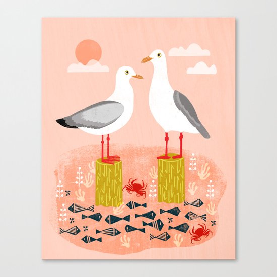 Seagulls - Bird Art, Coastal Nautical Summer Bird Print by Andrea Lauren Canvas Print