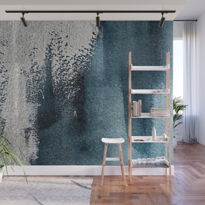 Navy Blue Silver Gray Abstract Painting Wall Mural By