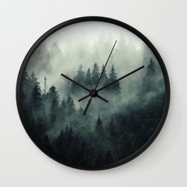 Misty pine fir forest landscape in hipster vintage retro style Wall Clock