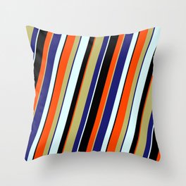 [ Thumbnail: Colorful Dark Khaki, Midnight Blue, Light Cyan, Black & Red Colored Lined/Striped Pattern Throw Pillow ]