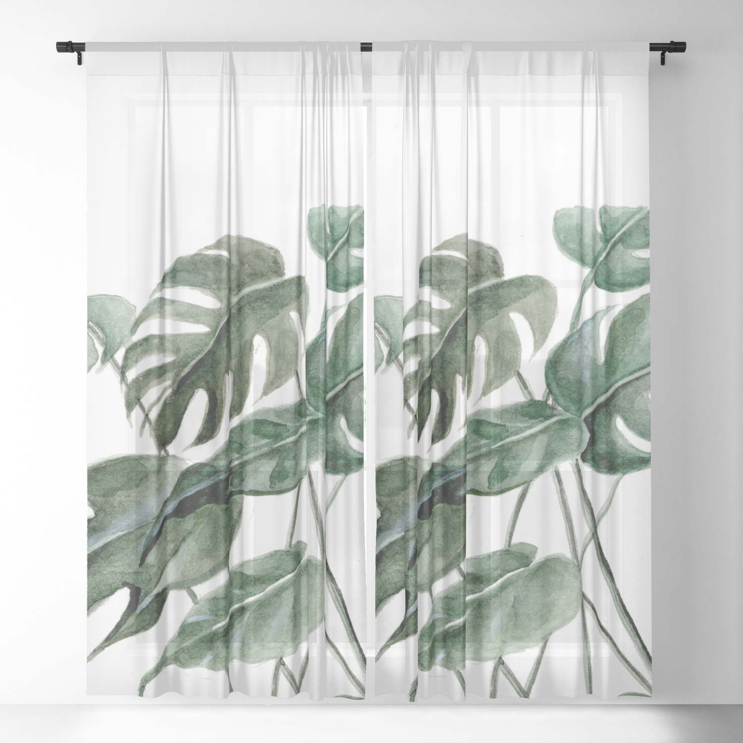 Greenery Squares Watercolor Painting Sheer Curtain By
