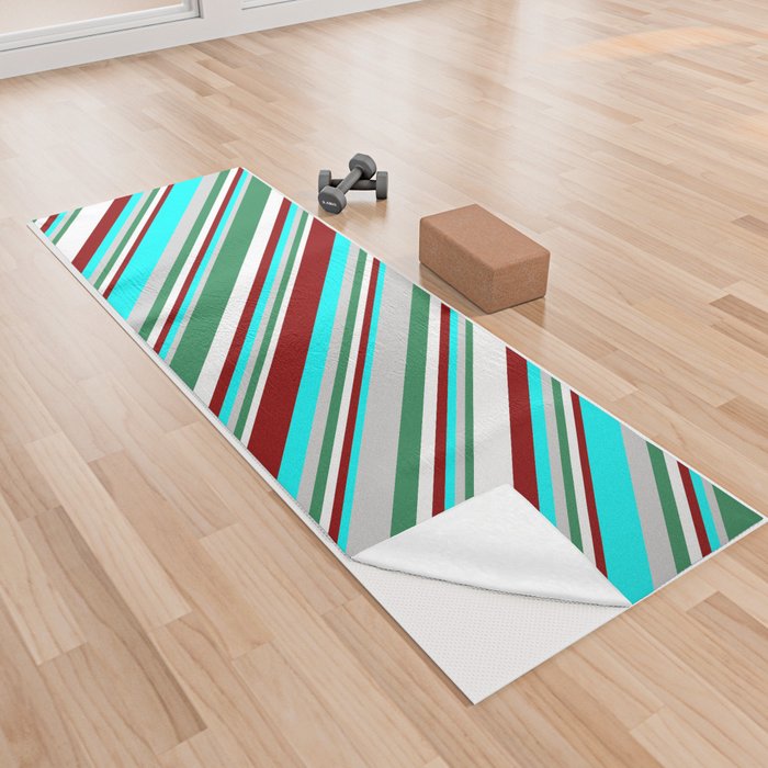 Eyecatching Sea Green, Light Grey, Cyan, Dark Red, and White Colored Lines Pattern Yoga Towel