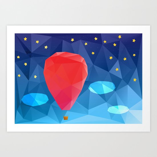 Hot air ballon drawn in geometric polygonal style and bright colors Art Print