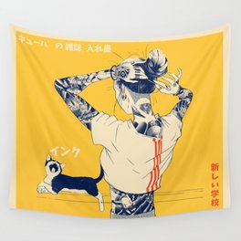 La Tinta! Wall Tapestry | Yellow, Cat, Halftone, Girl, Neko, Japan, Poster, Tattoo, Curated, Comic 