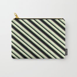 [ Thumbnail: Light Yellow, Dark Sea Green, Black, and Dim Gray Colored Striped Pattern Carry-All Pouch ]