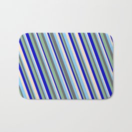 [ Thumbnail: Light Sky Blue, Dim Gray, Dark Sea Green, Blue & Bisque Colored Lined/Striped Pattern Bath Mat ]