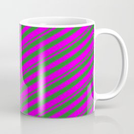 [ Thumbnail: Forest Green and Fuchsia Colored Lined/Striped Pattern Coffee Mug ]