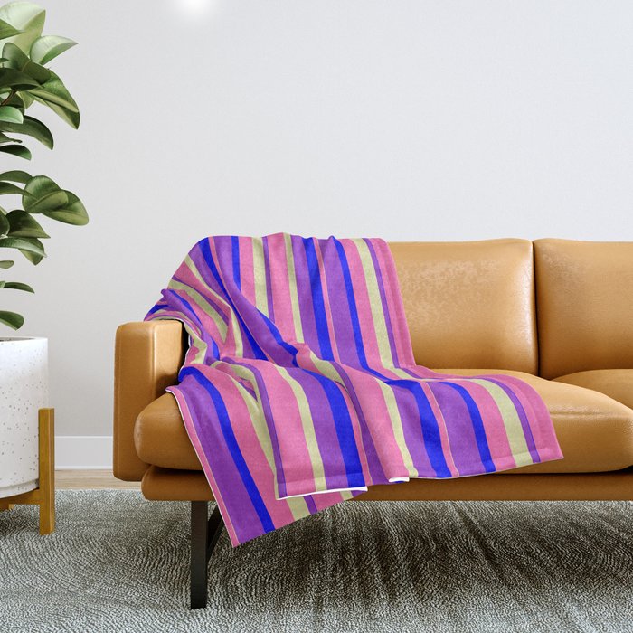 Hot Pink, Pale Goldenrod, Dark Orchid & Blue Colored Stripes Pattern Throw Blanket