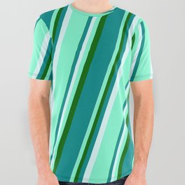 [ Thumbnail: Dark Green, Dark Cyan, Light Cyan, and Aquamarine Colored Lined Pattern All Over Graphic Tee ]