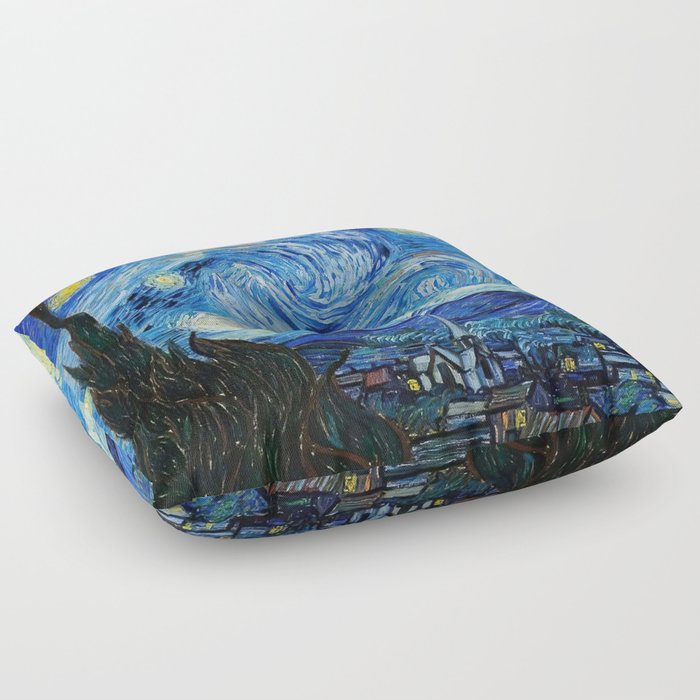 The Starry Night - La Nuit étoilée oil-on-canvas post-impressionist landscape masterpiece painting in original blue and yellow by Vincent van Gogh Floor Pillow