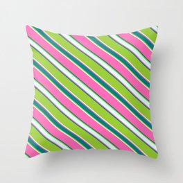 [ Thumbnail: Hot Pink, Teal, Green, and Light Cyan Colored Stripes/Lines Pattern Throw Pillow ]