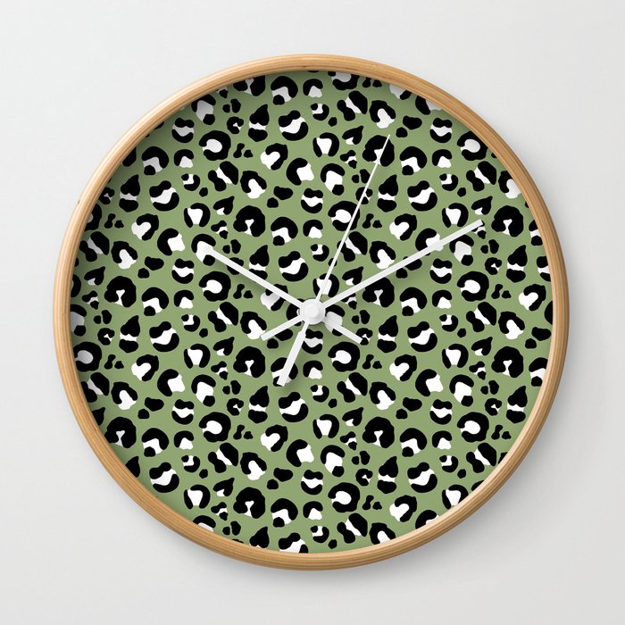 Leopard Print - Olive Black White Wall Clock