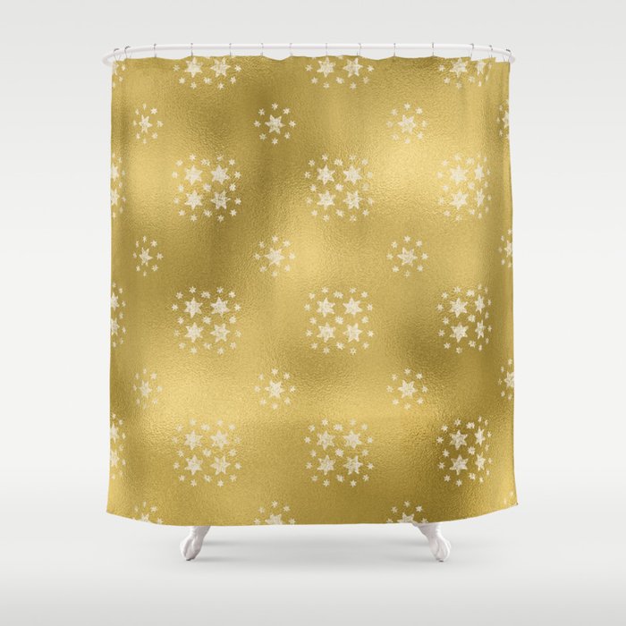 Merry christmas- white winter stars on gold pattern I Shower Curtain