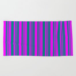 [ Thumbnail: Teal and Fuchsia Colored Pattern of Stripes Beach Towel ]
