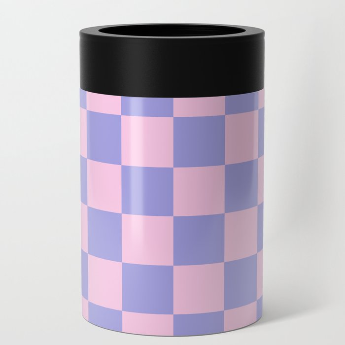 70s Checker Pattern in Rose Petal Pink and Pastel Lavender Purple Tiles Can Cooler