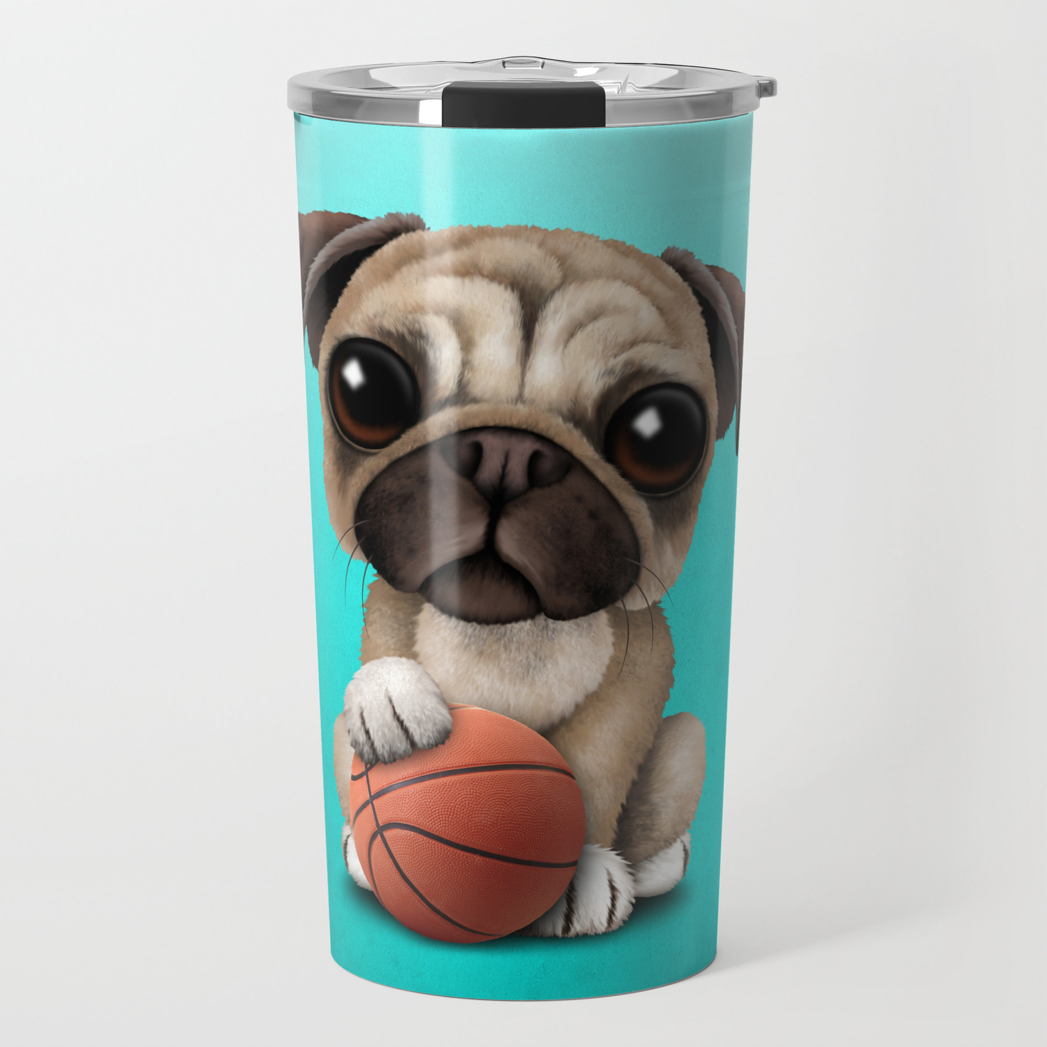 Cute Pug Puppy Dog Playing With Basketball Travel Mug By